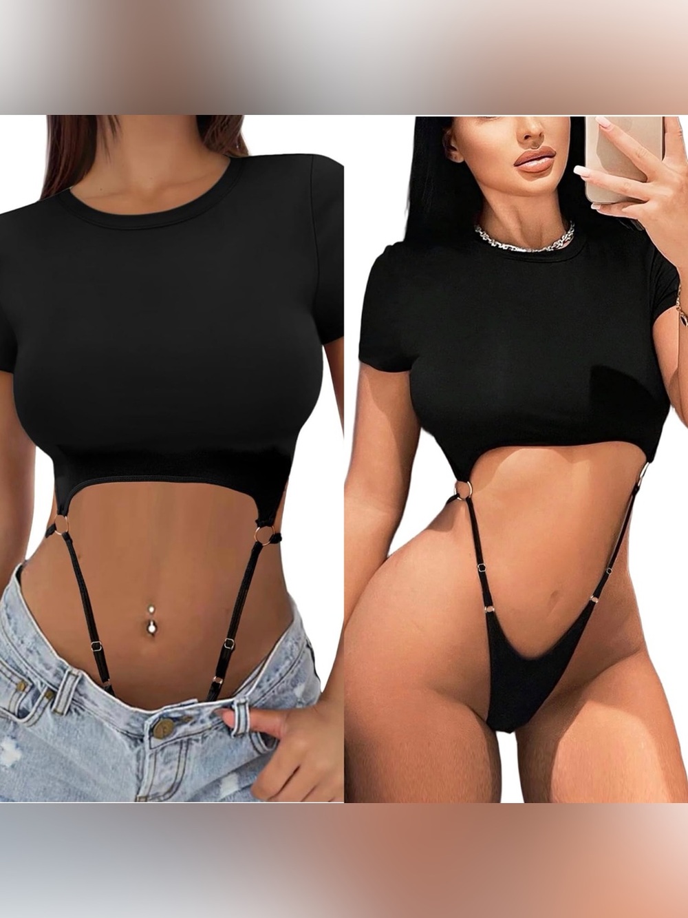 NWT Avidlove Women Cut Out Bodysuit Short Sleeve Crop Top Black Small